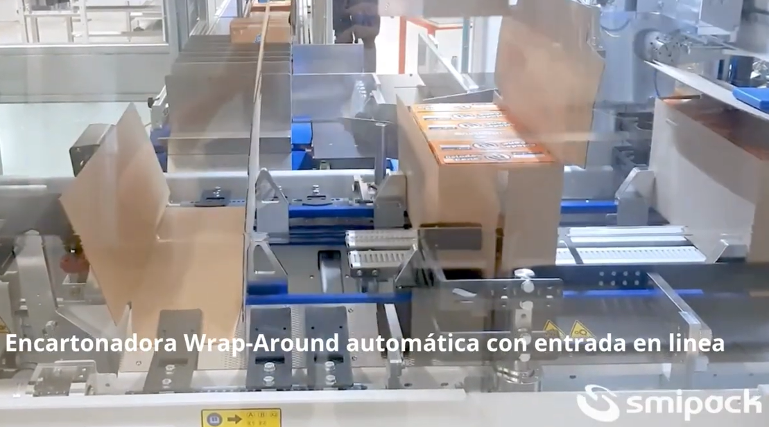 📦 Encartonadora wrap-around automática con entrada en línea, para paquetes de helado en cajas de 6x1.
